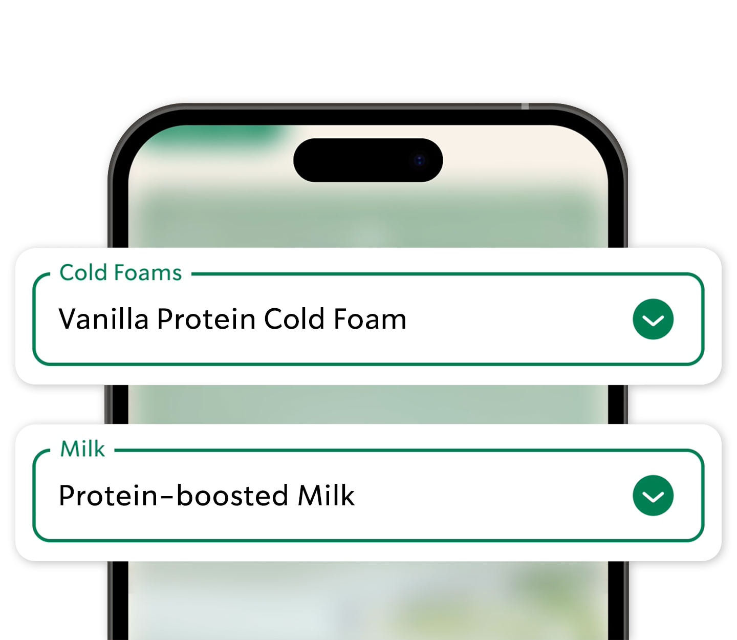 Mobile ordering screen showing customizable protein options, including vanilla protein cold foam and protein-boosted milk.