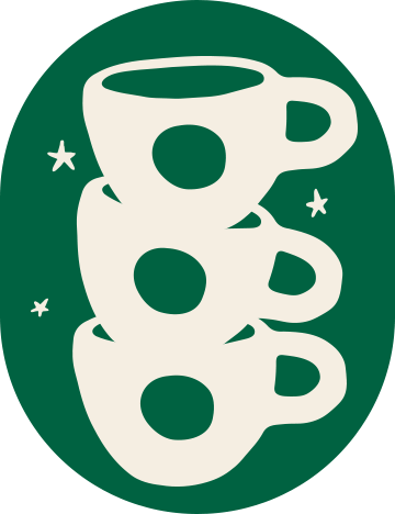 An illustration of three white mugs stacked on each other with three small white stars around them. The mugs have green cirlces in the middle and are set against a green background.