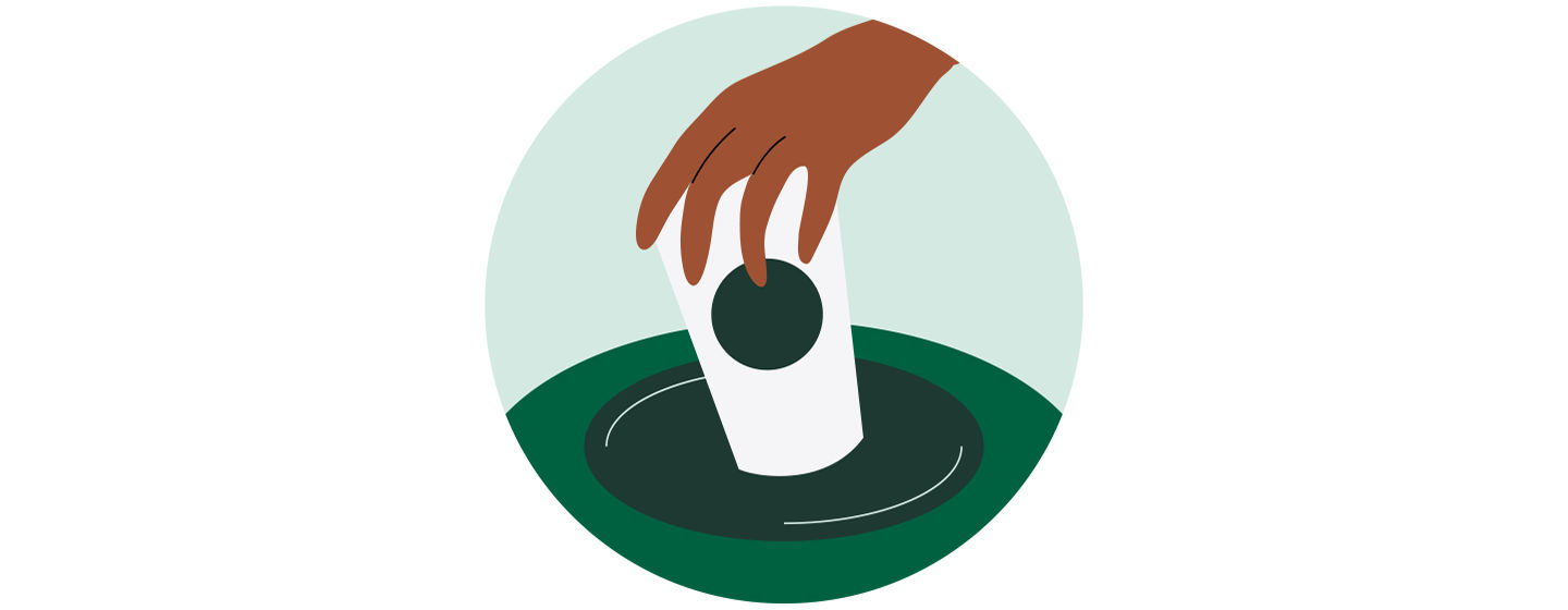 Illustration of a hand releasing a to-go cup into a waste receptacle
