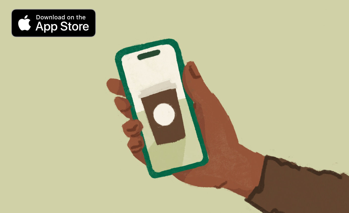 Illustrated hand holding iPhone on light green background