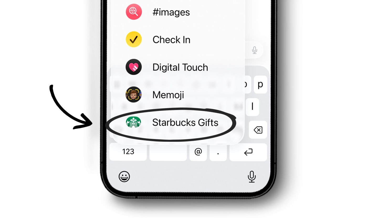 iPhone Messages sticker menu showing the Starbucks eGifts option highlighted for selecting and sending a Starbucks eGift.