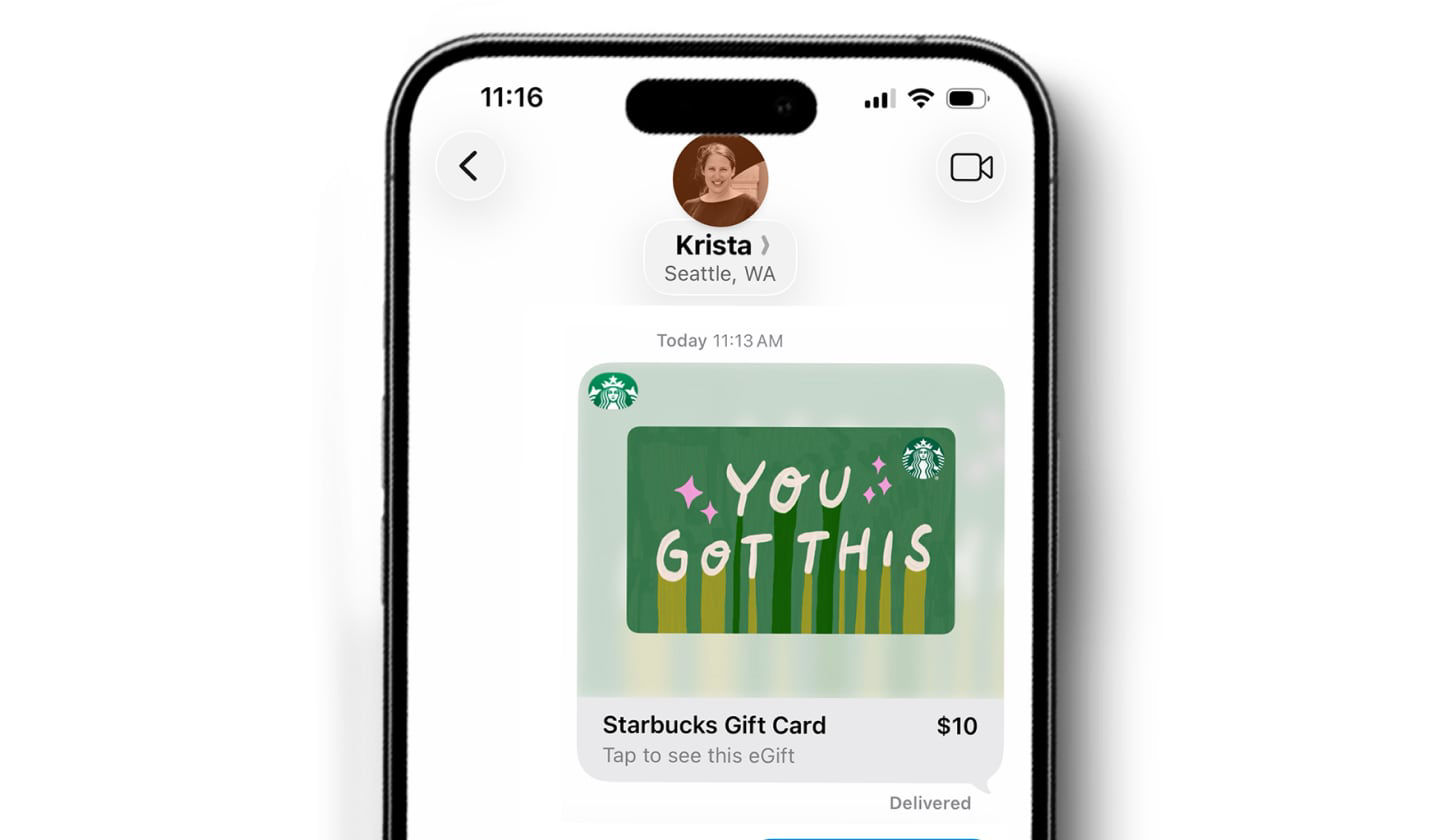 iPhone Messages conversation displaying a delivered $10 Starbucks eGift card with the “You Got This” design.