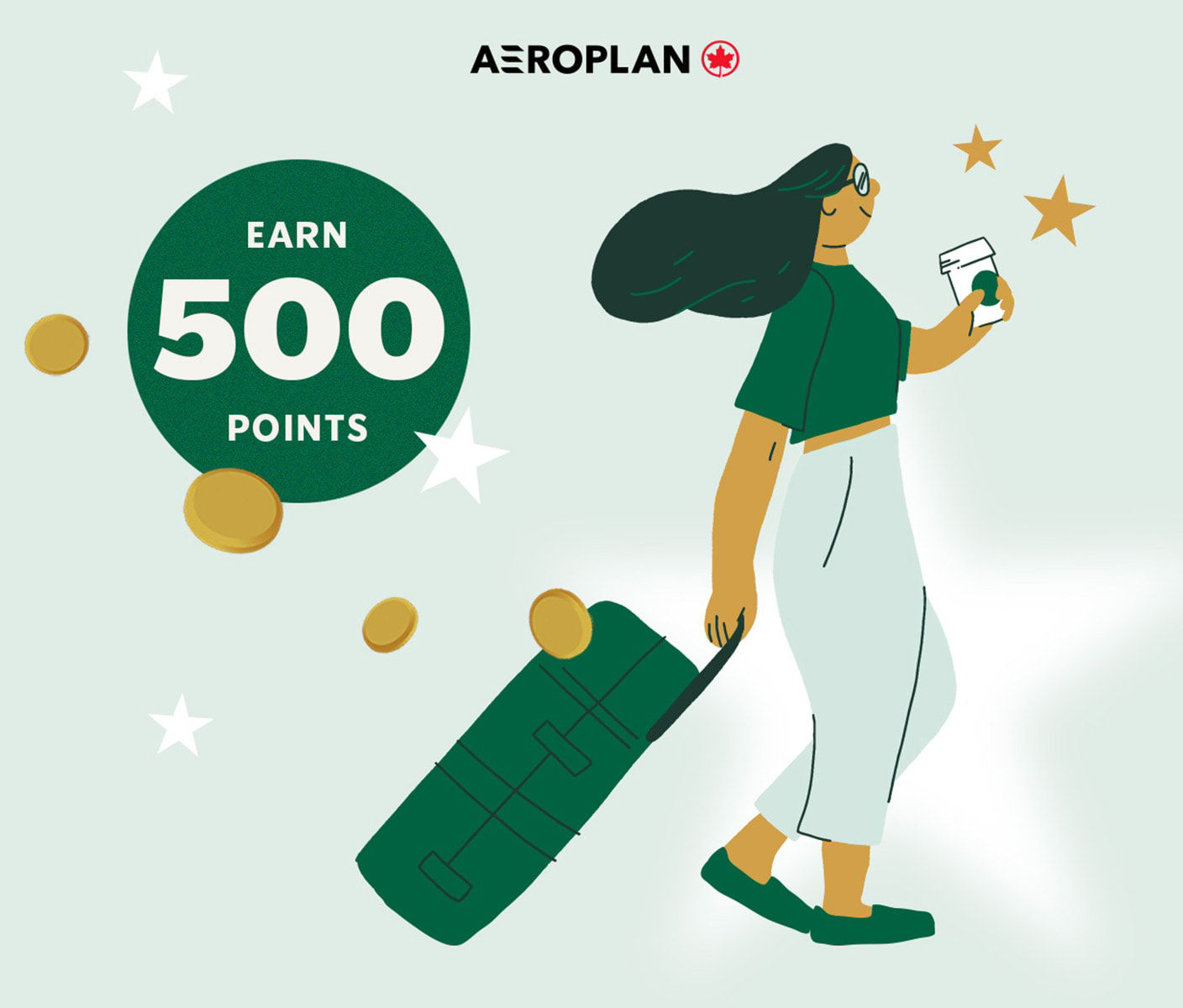 Person pulling suitcase holding a Starbucks beverage with a bubble stating earn 500 points.