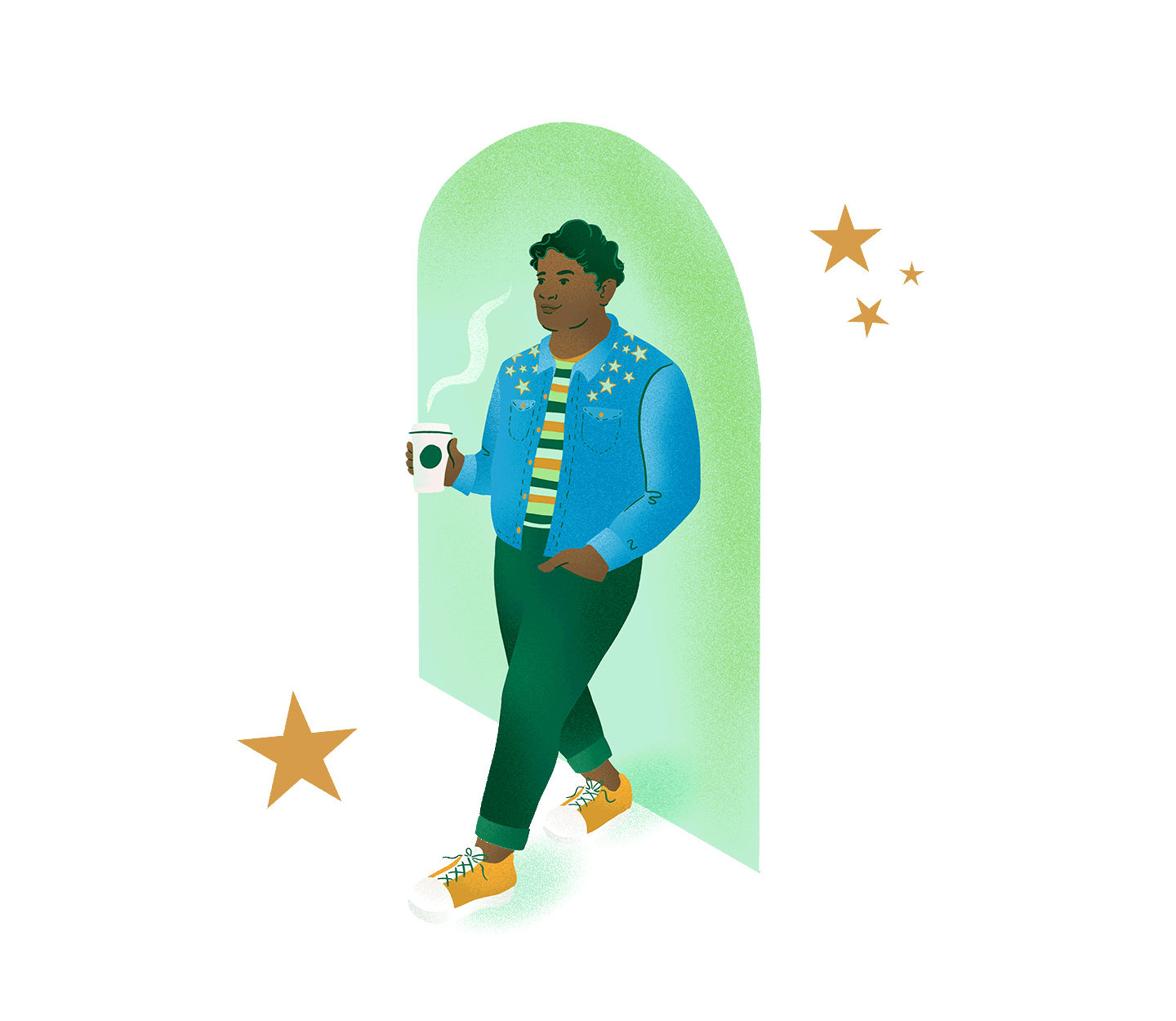 Person walking through arch doorway holding a Starbucks beverage